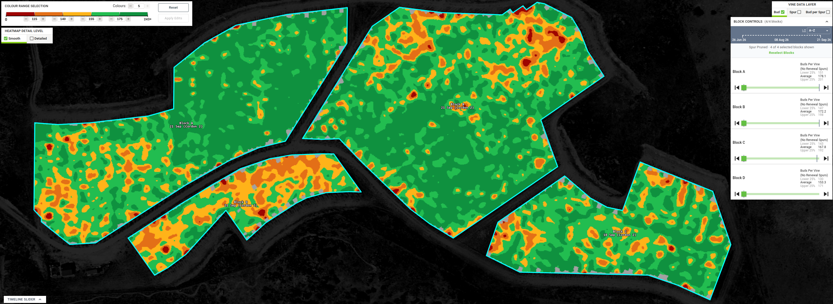 An Osiris map of buds per vine before pruning across four Central Otago vineyard blocks, coloured green, yellow and orange, with figures for each block on the right
