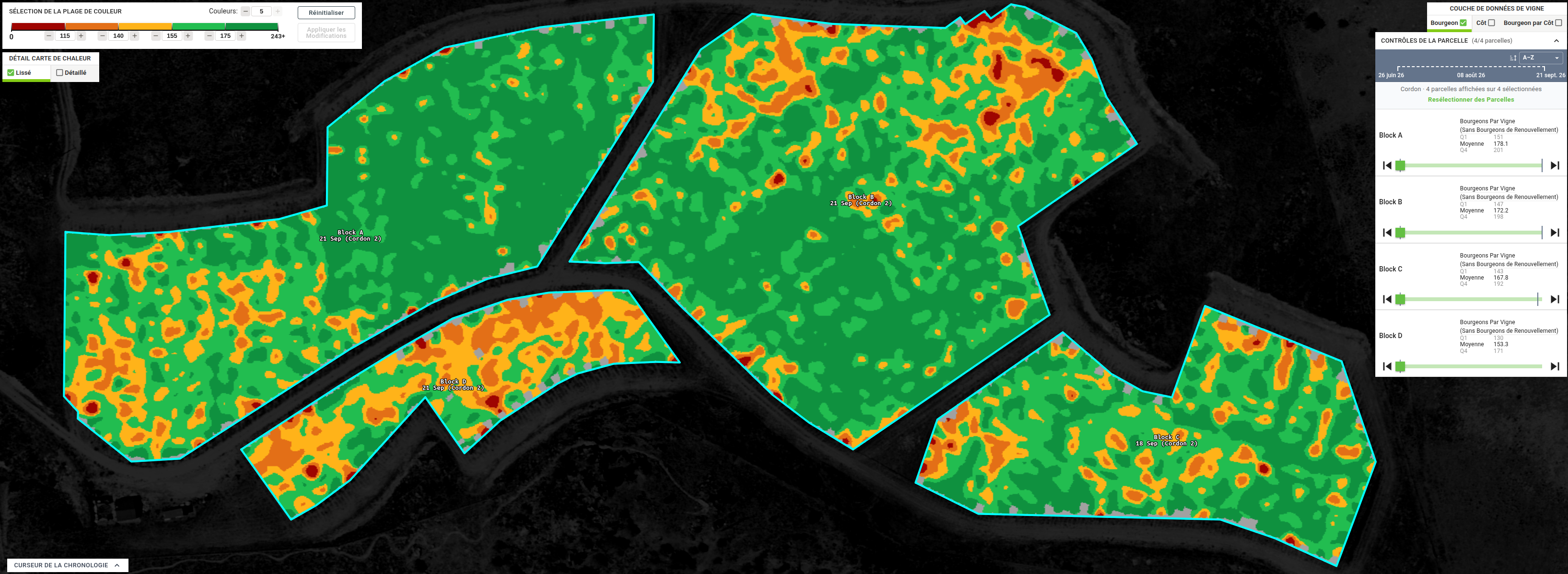 Carte Osiris des yeux par cep avant la taille sur quatre parcelles du Central Otago, en vert, jaune et orange, avec les chiffres de chaque parcelle à droite