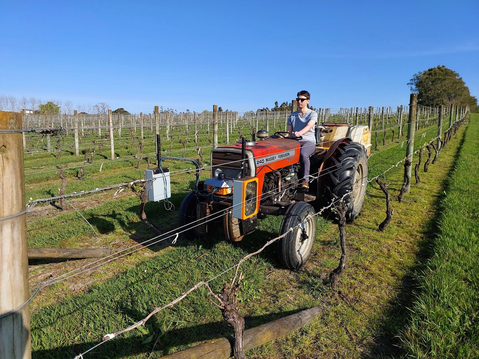 A scanner-fitted tractor driving a grassed vine row on a clear day, sensor units mounted either side