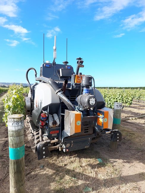Tracked vineyard machine straddling a vine row, fitted with orange Cropsy scanner units, antennas and cameras